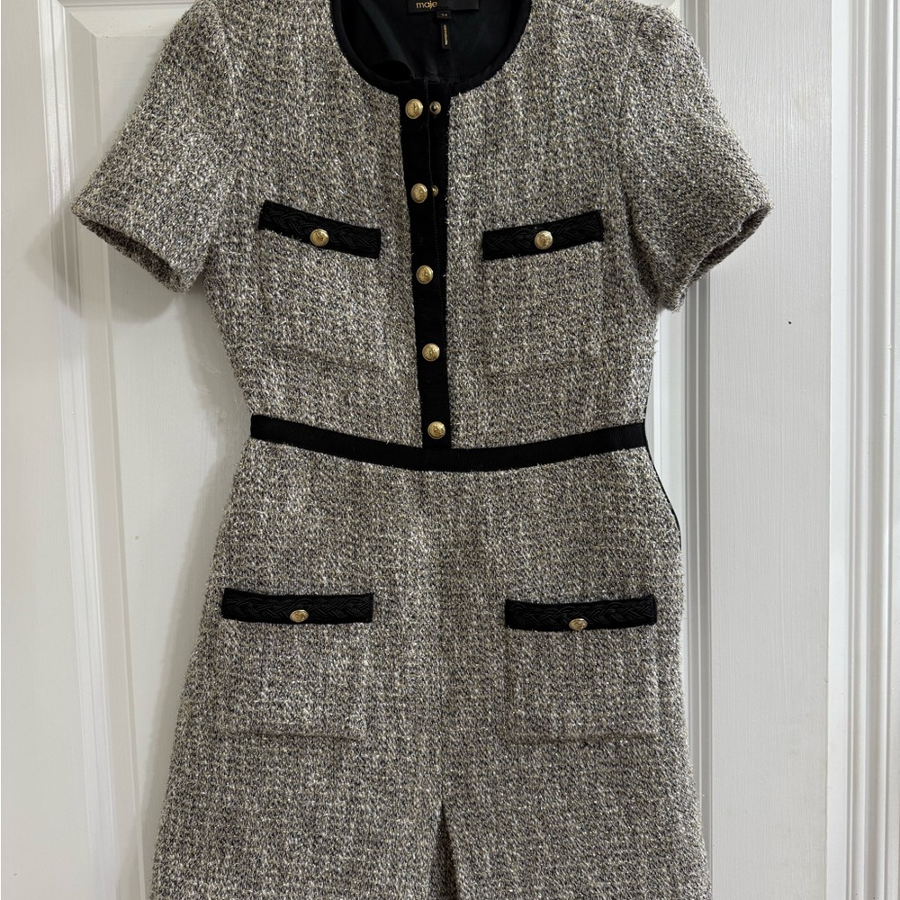 Elegant Tweed Short-Sleeve Dress with Black Trim